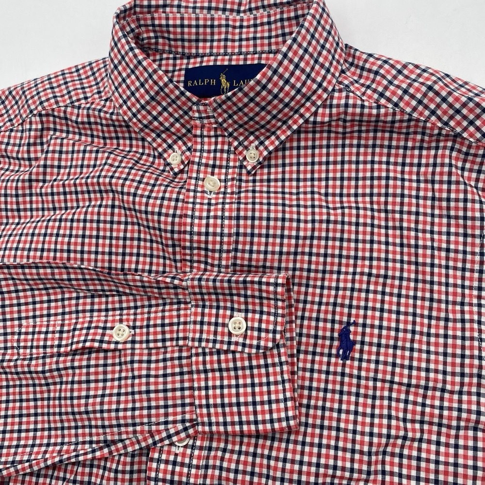 Ralph Lauren Polo Boys Large 14-16 Long Sleeve Red Blue Plaid Oxford Shirt Pony